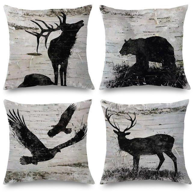 Supwhd Cabin Decor, Cabin Pillow Covers 18x18 Set of 4 - Rustic Lodge Wild Animals Bear Deer Eagle Moose Decorative Pillow Covers, Log Cabin Decor, Wildlife Decor (Double-Sided), White