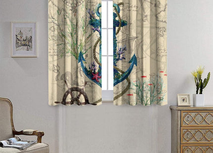Kazynee Nautical Ocean Anchor Room Darkening Blackout Window Curtains with Grommets,Retro Wooden Rustic Underwater World Compass Anchor Energy Efficient Window Treatment 2 Panels 72L x 31.5W