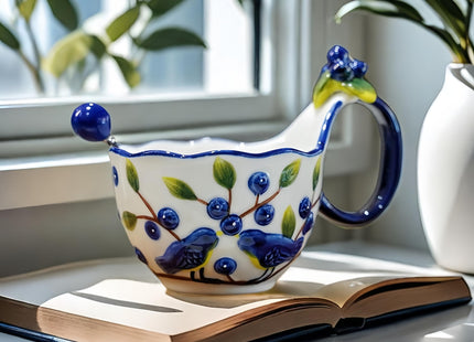 17.64 Oz Microwave Safe Soup Bowl with Loop Handle, Hand Painted Relief Blueberry Decor Mug Big Handle, Ceramic Soup Bowl with Spoon Set for Holding Fruits Cereal Snack, Milk,Ice Cream,Olive and Salsa