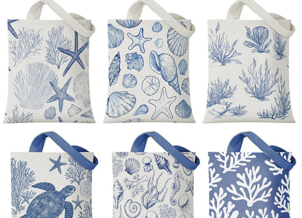 Reginary 6 Pack Coastal Canvas Tote Bag Bulk Blue Beach Gift Women, Coastal