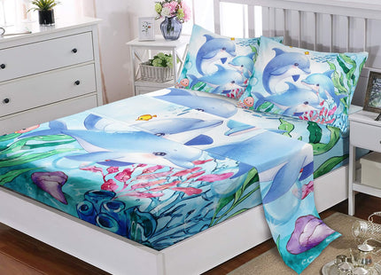 XYNHML Dolphins Animal Aqua Blue Green Sea Sheet Queen 4Pcs Kids Coral Jellyfish Bedding Set for Boys Girls Ocean Waves Bedspread Fish Bed Set with 1 Flat Sheet and 1 Fitted Sheet+2 Pillowcases