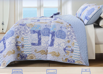 Xruibed Coastal Quilt Set Queen Size, Blue Nautical Beach Quilt Set, Reversible Lightweight Patchwork Bedspread with 2 Pillowshams Soft Microfiber Bedding Set for All Season 90"x96"