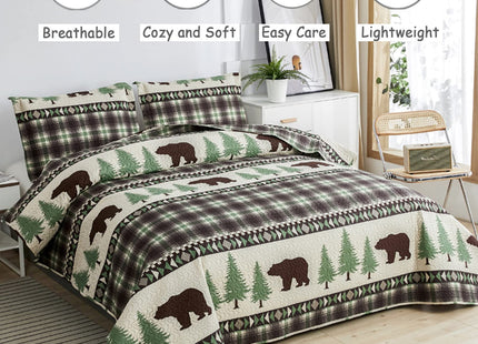 Lodge Quilts Set King Size, 3Pcs Rustic Cabin Brown Bear Bedding Green Pine Tree Bedspread Coverlet Lightweight Soft Reversible Plaid Stripe Bed Cover Set Country Decor for All Season(96"x 108")