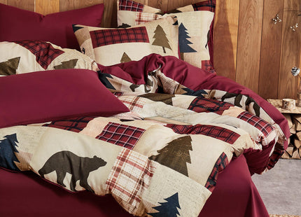 Wake In Cloud - Rustic Duvet Cover Set, Cabin Western Christmas Holiday Country Theme with Bear Deer Lodge Patchwork, Soft Lightweight Bedding, 3-Piece, Burgundy Brown, King Size