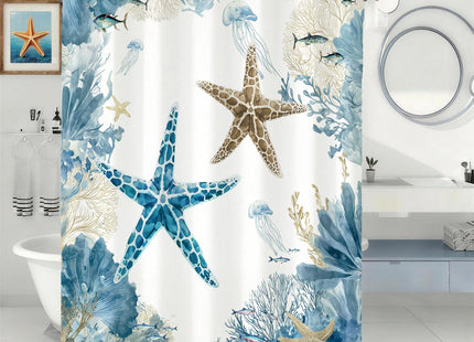 Blue Beach Shower Curtain for Bathroom, Ocean Coastal Theme, 72x72 In
