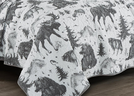 Chezmoi Collection Denver 3-Piece Southwestern Lodge Quilt Set King - White Black Gray Grizzly Bear Wolves Moose Pine Tree Mountain Printed Microfiber Lightweight Bedspread Set for All Season
