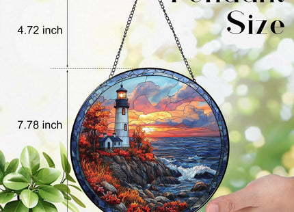 Zizzie Coastal Lighthouse in Autumn Suncatcher -7.9 in Stained Glass Window Hanging Sun Catcher Garden Decor