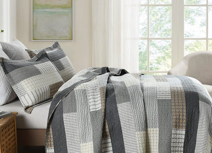 PERHOM Quilt Queen Size - 100% Cotton Farmhouse Rustic Queen Quilt Set, Cabin Bedding Set Bedspreads, Lodge Lightweight Patchwork Plaid Quilted Comforter for Queen Bed, Grey/Brown/Beige
