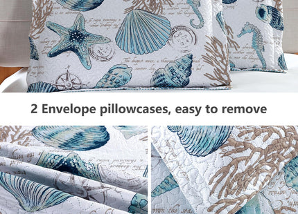 Jarson Beach King Size Quilt Set Summer Ocean Bedspread Collection,3Pcs Lightweight Coastal Quilts Coverlet Set Starfish Seashell Conch Printed Ocean Bedding with Pillow Shams