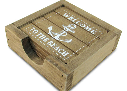 COTA Global Nautical Wooden Coaster and Holder Set - Rustic Square Coaster Set with Holder, Cute Beach Theme Drink Coasters Set for Spill and Scratch Free Tabletop - 6 Coasters and 1 Holder Set
