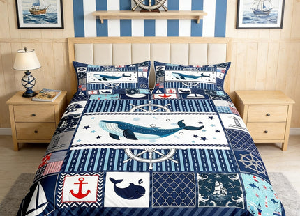 Homewish Sea Whale Duvet Cover Twin Size,Nautical Anchor Ship Rudder Plaid Comforter Cover Set for Kids Boys Girls,Navy Blue Ocean Geometric Bedding Quilt Cover Set Bedroom Decor, 2 Pieces
