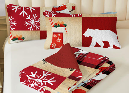 Merry Christmas Patchwork Quilt Set King- Santa Claus Bear Deer Tree Snowflakes Checkered Holiday Bedding Set - Soft Microfiber Lightweight Comforter Coverlet Bedspread(Snowman Santa, King(90"x104"))