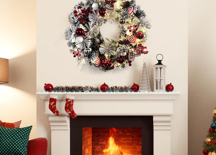 Christmas Wreath for Front Door, 18 Inch Prelit Christmas Wreath with Timer, Warm LED Light, Red Berries, Snow, Pinecone, Candy Cane, Lighted Xmas Decorations for Indoor Outdoor Xmas Collection