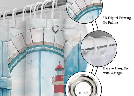 Extra Long Beach Lighthouse Teal Blue Ocean Sea Bathroom Shower Curtain Set