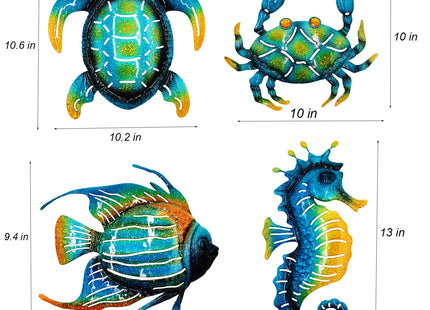 Meduofon Set of 4 Metal Outdoor Wall Art Decor, Blue Turtle Fish Crab and Seahorse Suitable for Beach Ocean Pool Decor, Metal Yard Fence Garden Children Room Bathroom Livingroom Wall Decoration