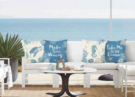 Bonhause Ocean Coastal Throw Pillow Covers 18 x 18 Inch Nautical Beach Blue Turtle Seahorse Starfish Decorative Polyester Linen Cushion Cases for Summer Outdoor Sofa Couch Home Decor Set of 4