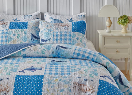 Patchwork Coastal Quilt Sets Queen Size - Reversible Microfiber Dolphin Turtle Ocean Style with Blue Whale Seahorse Soft Beach Bedding Nautical Bedspread Coverlet Summer Comforter with 2 Shams