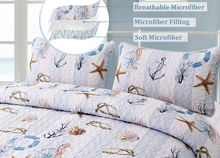 Coastal Quilt Set King Size 3 Pieces,Beach King Quilt Bedding Set Lightweight Sky Blue Bedspreads,Reversible Microfiber Nautical Quilts with 2 Shams Summer Ocean Coverlet Sets for King Bed All Season