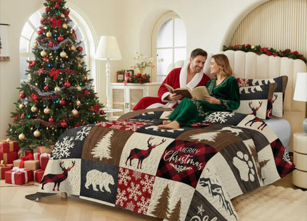 NIDITW 3-Piece Christmas Patchwork Quilt Set King Size Deer Bear Snowflake Pine Tree Brown Bedspread with 2 Pillow Shams Soft Lightweight Microfiber Bedding Set Coverlet Home Decor (New Brown, King)