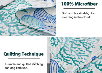 Junsey 3 Piece Quilts Twin Size Ocean Theme,Lightweight Coastal Beach Theme Bedding Seashell Conch Starfish Bedspread Ocean Creature Coverlet with 2 Pillowshams