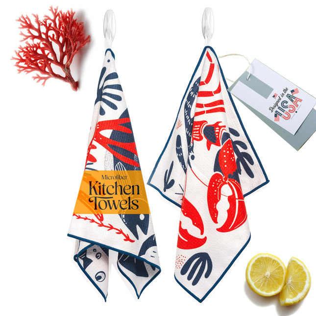 Luxurious GridFibe™ Kitchen Towels Decorative Style - (18" x 30", 2 Pack) – Super Absorbent waffle Tea Towel - Quick Drying Large Dish Towel - Both Sides Printed - Lobster Decor - Savory Seafood