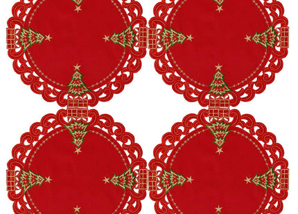 Grelucgo Set of 4 Embroidered Christmas Holiday Holly Tree Table Doilies Placemats, Round 16 Inch