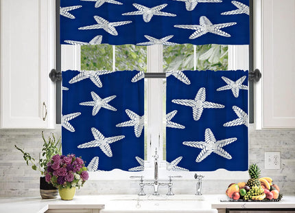 BaoNews Coastal Nautical Blackout Kitchen Curtain, Abstract Seamless Pattern with Starfish On Blue Background Window Treatment Rod Pocket Light Filtering Bathroom Short Valance 2 Pack 52X18 Inches