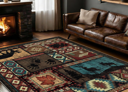 YIHOUSE Rustic Cabin Area Rug 5x7,Machine Washable Lodge Bear Rug,Non-Slip Low Pile Print Pattern Southwestern Rug for Living Room Bedroom