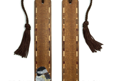 Chickadee Wooden Bookmark | Chickadee Songbird Art by Kathleen Barsness | Birdwatcher Gift, Bird Lover & Nature Lover Bookmark | Handmade Wood Bookmark with Brown Tassel | Made in the USA