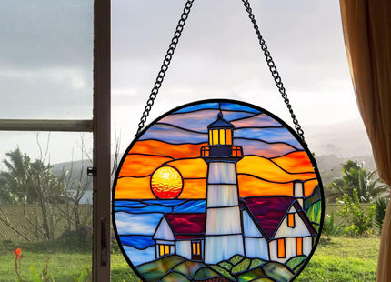 JOSUMALY Stained Glass Window Hanging - Sea Lighthouse Suncatcher for Door Terrace Garden Home Decor Sunset Beach Scenery Sun Catcher Birthday Gifts for Lovers Women Men Dad Mom Nana 6.3 in