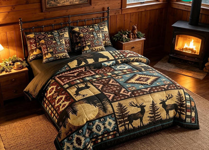 Erosebridal Rustic Bear 7 Piece Comforter Set Queen Bed in a Bag,Buffalo Plaid Grid Bedding,Hunting Deer Farmhouse Cabin Decor Quilt,Retro Southwest Aztec Bed Set,Tribal Sheets,Brown Red