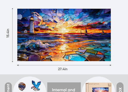 Leodozzio 1000Pcs Wooden Jigsaw Puzzle Sunset Lighthouse Decor 17x23.2in