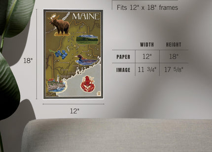 Lantern Press Maine Map and Icons, 12x18 Inch Art Print, Home Decor⁠