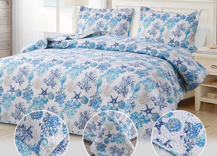 Queen Size Coastal Quilt Bedspread - Lightweight Summer Bedding with Starfish, Shell, Seahorse Design - Reversible, Home Ocean Quilt Collection