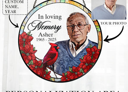 Fastpeace Personalized Loved One Photo Stained Glass Suncatcher - Cardinal in Loving Memory Keepsake Gift - Custom Photo, Name, Years (Cardinal Memorial)