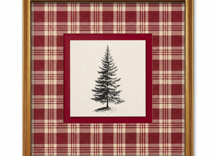 TwoDays Vintage Christmas Wall Art, Red Plaid Pine Tree Gold Framed Print