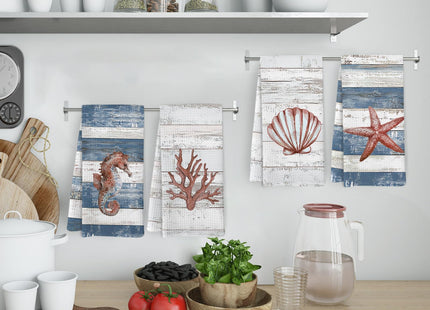 KFXHANGD Coastal Beachy Kitchen Towels and Dishcloths Set of 4, Nautical Starfish Seashell Dish Towels, Seahorse Coral Decorative Hand Tea Towel for Bathroom Kitchen, Beach Bathroom Decor, 16x24 Inch