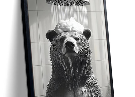 XYHYRA Funny Bear Bathroom Wall Art, Black and White Animal Shower Canvas Print Picture, Cute Bear Taking Bath Poster, Modern Farmhouse Bathroom Restroom Home Wall Decor 12x16 inch Wood Framed