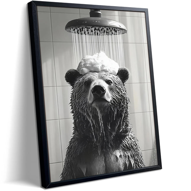 XYHYRA Funny Bear Bathroom Wall Art, Black and White Animal Shower Canvas Print Picture, Cute Bear Taking Bath Poster, Modern Farmhouse Bathroom Restroom Home Wall Decor 12x16 inch Wood Framed