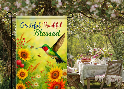 BlissYard Grateful Thankful Blessed Hummingbird Flag 12x18" Burlap