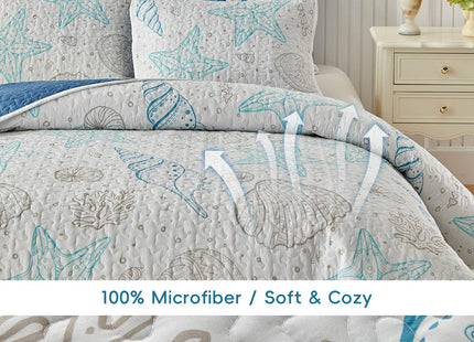 Coastal Quilt Sets Queen Size - Reversible Microfiber Ocean Style with Starfish Scallop Shell Soft Beach Bedding Nautical Bedspread Coverlet Summer Comforter with 2 Shams