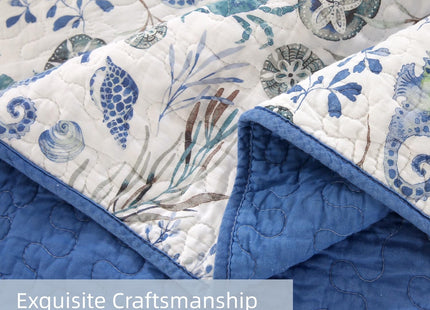 SUCSES 3Pcs Ocean Quilts Queen Size Cotton Coastal Quilt Bedding Set with Sea Turttle Seahorses Pattern Soft Oversized Bedspread Coverlet with 2 Shams for Beach Theme Room Decor