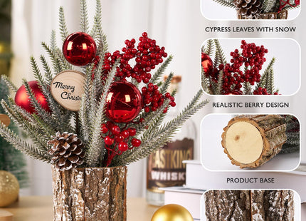 13.8" Small Christmas Tree Tabletop Christmas Centerpieces with Xmas Ornaments Pinecone Berry for Table Desk Christmas Decorations Winter Holiday Decor Indoor