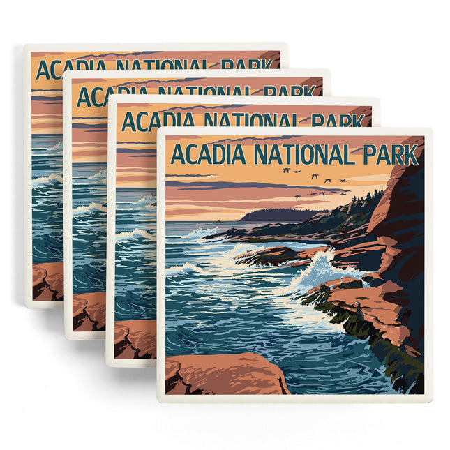 Lantern Press Acadia National Park, Maine, Mount Desert Island (Absorbent Ceramic Coasters Set of 4 Matching Images, Cork Back, Kitchen Table Decor)