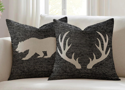 Aowced Throw Pillow Covers Set of 2, Black and White Rustic Deer Bear Farmhouse Home Decorative Throw Pillow Cases Cushion Covers for Sofa Couch Bed, 18x18 Inch