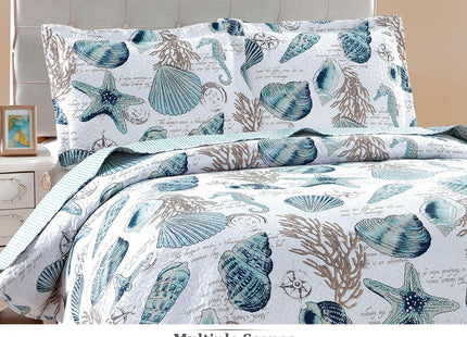 Jarson Beach King Size Quilt Set Summer Ocean Bedspread Collection,3Pcs Lightweight Coastal Quilts Coverlet Set Starfish Seashell Conch Printed Ocean Bedding with Pillow Shams
