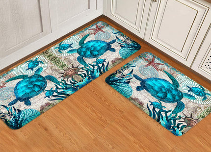 Sea Turtle Kitchen Rug Sets of 2,Anti Fatigue Cushioned Kitchen Rugs and Mats Coastal Bathroom Runner Rug Blue Turtles Beach Ocean Teal Marine Animal Nautical Floor Mat Non-Slip Washable Chef Sink Mat