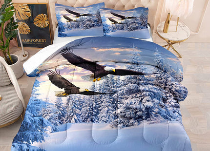 Albideyaa Natural Scenery Print Comforter Set Eagle Flying Over Forest Mountains Landscape King Size Duvet Bedding Set Modern Soft Bald Eagle Pattern Quilt Set with 2Pillowcases
