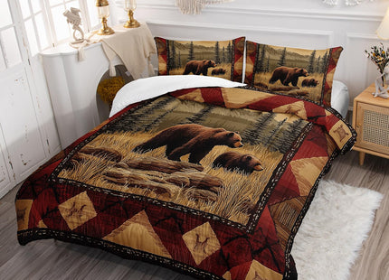 XYNHML Rustic Bear Wild Hunt Animal Comforter 3Pcs Queen Natural Forest Wildlife Brown Bear Bedding Set for Kid Teen Boy Girl Adult Retro Mountain Lake Quilt Decor with 1 Comforter and 2 Pillowcases