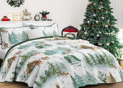 Dobuyly Christmas Quilt Set Queen Size, Forest Green Pine Cabin Bedspreads